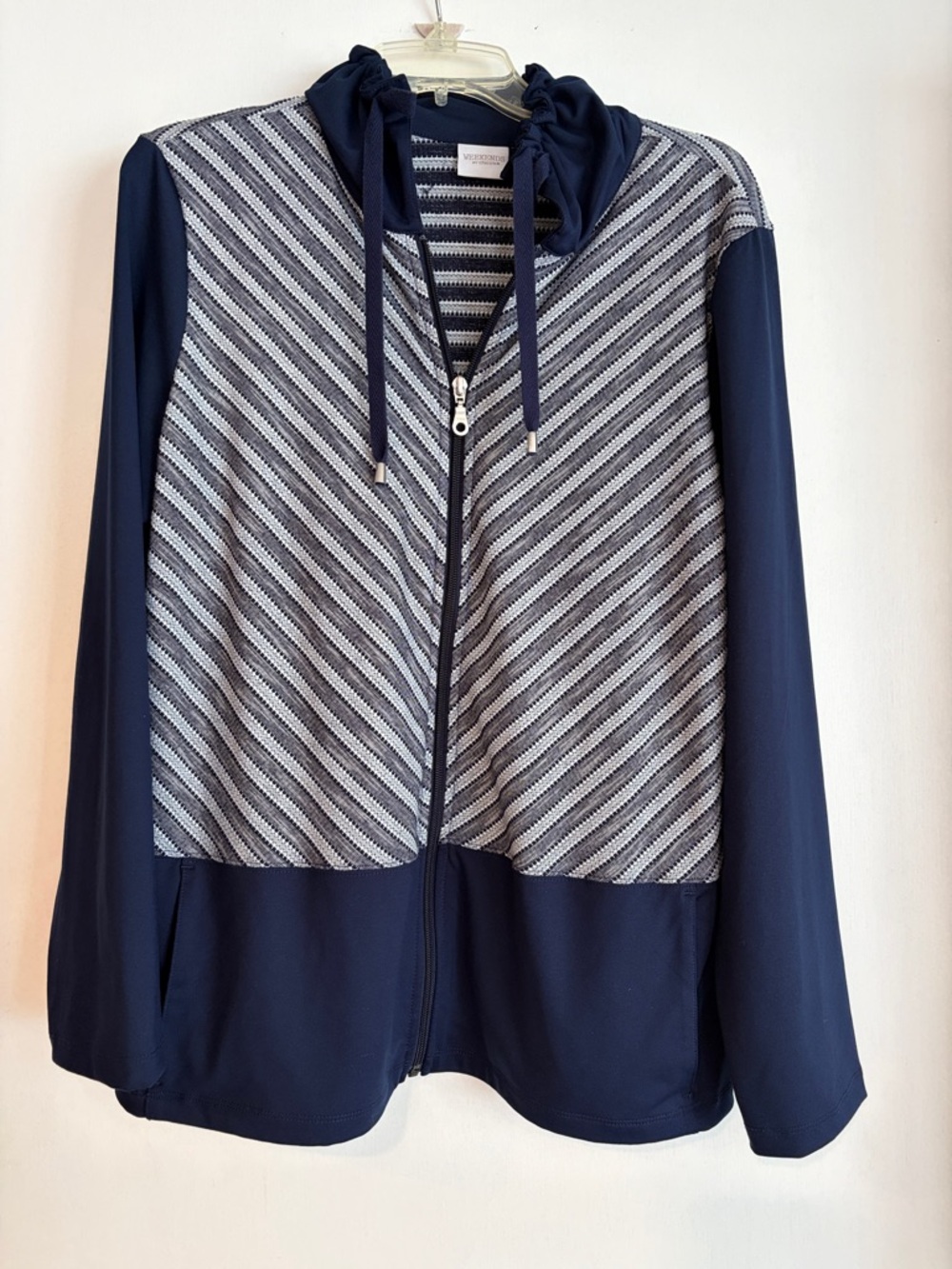 Chico's Striped Navy and Gray Zip Jacket